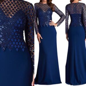 TADASHI SHOJI Midnight Caddel Sequin Lace Top Illusion Gown 61286 Sz 4 $495
